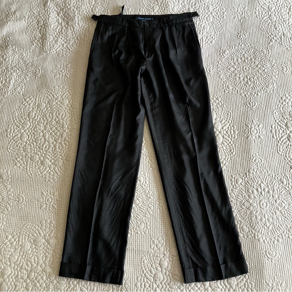 NWT Ralph Lauren black silk cuff trousers w/side belted pulls